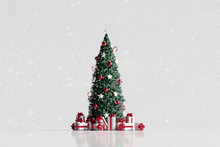 Falling Snow And Christmas Tree With Gift Box On White Background. 3d Rendering