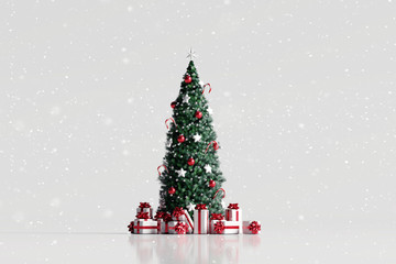 Canvas Print - Falling snow and christmas tree with gift box on white background. 3d rendering