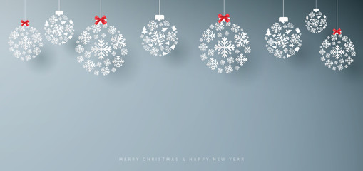 Poster - Merry Christmas and Happy New Year banner. Abstract white snowflakes on grey background. Paper art and craft design. Space for your design