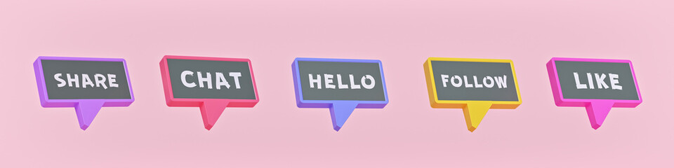 Poster - social media words on speech bubbles set on pastel background. minimal horizontal banner. 3d rendering