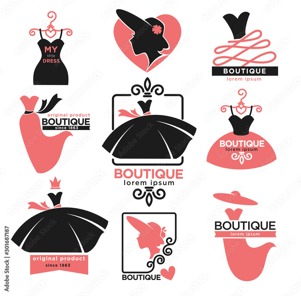 Female clothes shop or fashion boutique isolated icons Stock Vector ...