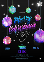 Canvas Print - Merry Christmas Party invitation card design decorated with hanging baubles, stars and event details on black background.