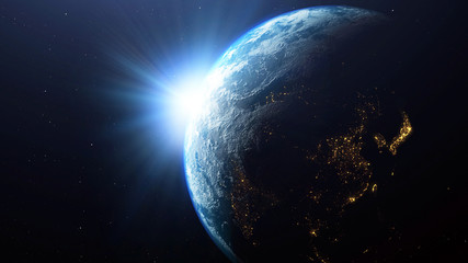 Wall Mural - earth planet with the sun viewed from space , 3d render of planet earth, elements of this image prov