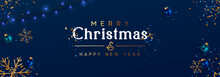 Minimal Christmas Background. Festive Design Of Sparkling Lights Blue Garland, Realistic Balls Baubles, 3d Render Gold Snowflake. Xmas Horizontal Poster, Banner, Greeting Cards, Header Website.