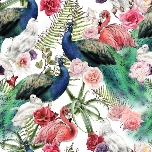 Seamless floral pattern with birds, watercolor.
