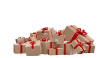 Pile Of Wrapped Christmas Presents As Postal Parcel Packages 3d-illustration