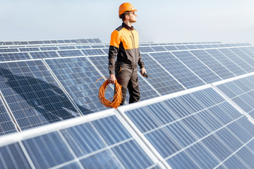 Wall Mural - well-equipped worker in protective orange clothing servicing solar panels on a photovoltaic rooftop 