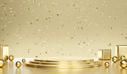 Poster - Gold Mock Up Stand Template with confetti for Product Advertising and Commercial, 3D rendering.