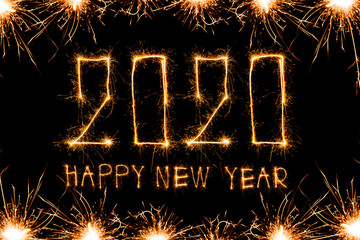 Wall Mural - Happy New Year 2020. Creative text Happy New Year 2020 written sparkling sparklers isolated on black background for design