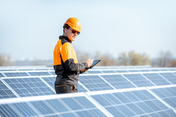 Wall Mural - engineer servicing solar panel on electric plant