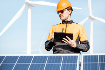 Wall Mural - engineer servicing solar panel on electric plant