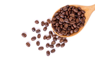 Wall Mural - Closeup roasted coffee beans in wooden spoon isolated on white background. Top view. Flat lay.