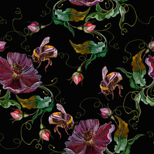 Violet Flowers And Bumblebees. Embroidery Seamless Pattern. Summer Floral Fashion Template For Clothes, Textiles, T-shirt Design. Garden Art