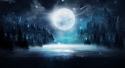 Wall Mural - empty dark background. the glow of the moon in the forest, moonlight through the trees in the forest