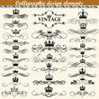 Illustration set of vintage calligraphic design elements with crowns.