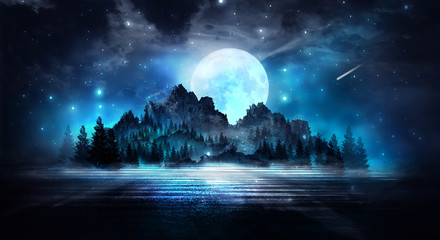 Wall Mural - empty dark background. the glow of the moon in the forest, moonlight through the trees in the forest