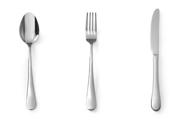 set of cutlery spoon fork and knife stainless steel isolated on white background