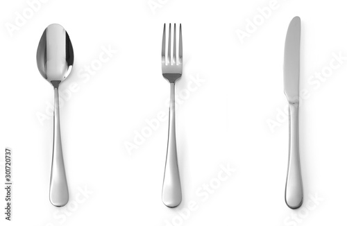 Cuadros en Lienzo Set of cutlery spoon fork and knife stainless steel isolated on white background