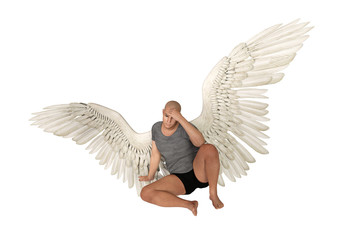 Wall Mural - Angel with wings sitting on floor. Isolated on white. 3D rendering.
