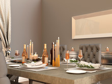 Dining Room Table With Festive Decorations, For Thanksgiving, Christmas Or New Year. 3D Rendering.