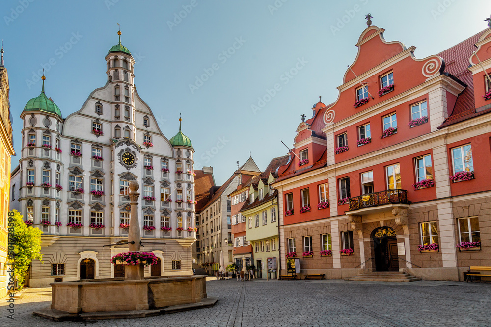 The Renaissance Hall in the historic centre of Memmingen, a town in Swabia, Bavaria, Germany.  - obrazy, fototapety, plakaty 