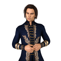 Wall Mural - Man in blue medieval suit with golden details. Isolated on white. 3D rendering.