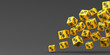 Many flying yellow percent cubes on a black background. 3d render illustration. Black Friday.