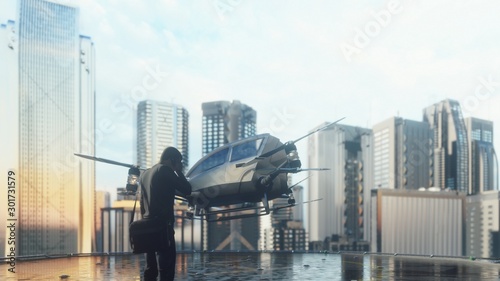 Fotomural A unmanned passenger drone is preparing for takeoff. 3D Rendering