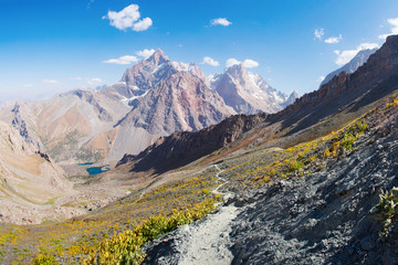 Wall Mural - Hiking in mountain trail. Beautiful mountains landscape. Fann mountains in Tajikistan.