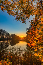 Sunset Fall Landscape At Lake With Colorful Leaves On Tree
