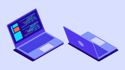 Isometric laptop with program code on screen. Laptop isolated. Vector
