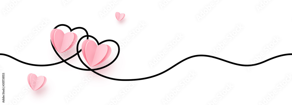 Continuous line heart shape border with realistic paper heart on white background for valentines, women, mother day greeting invitation graphic design - obrazy, fototapety, plakaty 