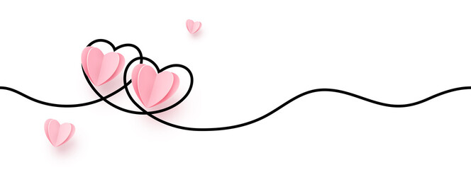 continuous line heart shape border with realistic paper heart on white background for valentines, wo