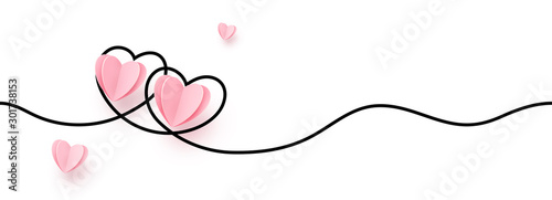 Fotomural Continuous line heart shape border with realistic paper heart on white backgroun