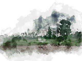 Abstract tree and field landscape in Thailand on watercolor illustration painting background..