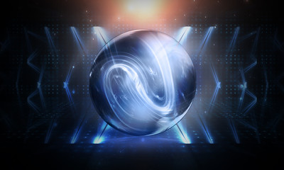 A transparent glass ball with reflection in the center of an abstract dark background. Smoke, empty scene background. 3D illustration