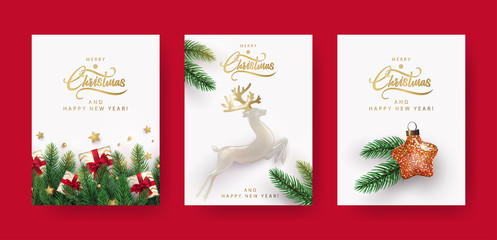 Wall Mural - set of christmas and new year greeting cards with xmas decoration. winter holiday posters or banners