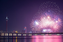 Macao International Fireworks Display Contest.Sea Area In Front Of The Macau Tower.the Night Sky Of Macao Aglow In A Starburst Of Magnificent Fireworks.