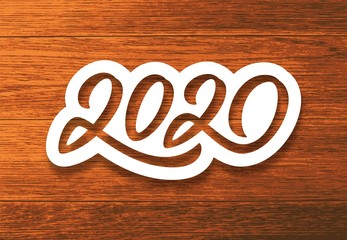 Wall Mural - Happy New Year 2020. Paper 3D calligraphic number on vintage wood background. Vector greeting card design template for winter holidays