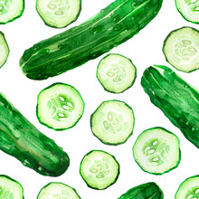 Watercolor Illustration Of Green Cucumber Vegetable Pattern With Slices Isolated On White Background