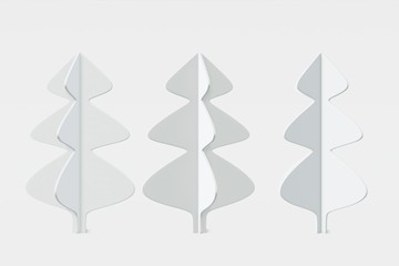 Poster - Set of Christmas trees stylish shapes made from white paper, wood. Concept illustration pine on a light background, greeting card, congratulation, invitation. 3D rendering