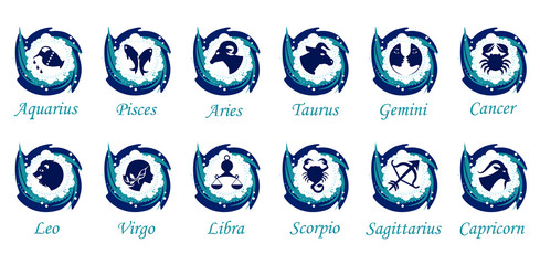 Wall Mural - Set of twelve signs of the zodiac on the background of a snow circles. Prediction of the future. Vector illustration. Isolated on white background