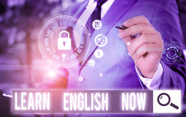Poster - Conceptual hand writing showing Learn English Now. Concept meaning gain or acquire knowledge and skill of english language Picture photo network scheme with modern smart device
