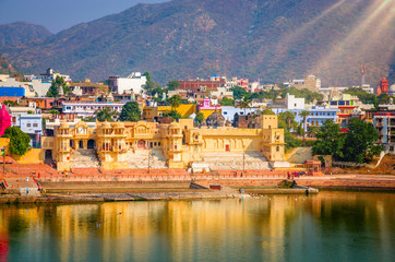 Panoramic view on Holy Lake and city Pushkar, Rajasthan, India.