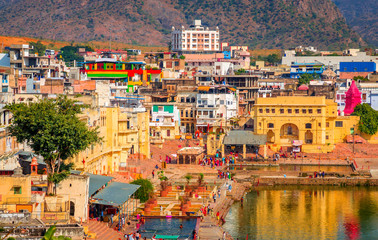 Panoramic view on Holy Lake and city Pushkar, Rajasthan, India.