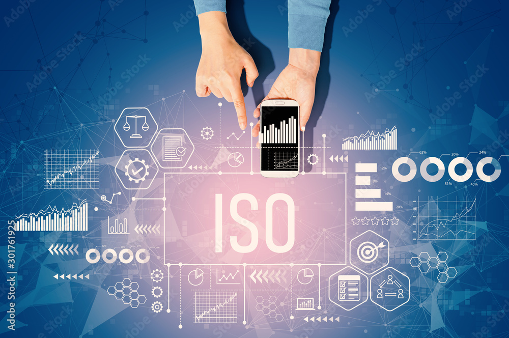 ISO concept with person using a white smartphone Stock Photo | Adobe Stock