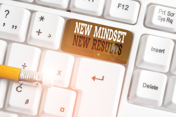 Text sign showing New Mindset New Results. Business photo text obstacles are opportunities to reach achievement White pc keyboard with empty note paper above white background key copy space