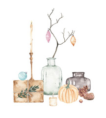 Wall Mural - Watercolor christmas compositions with vase branches xmas ball envelope candle holder pumpkins isolated on white background. Xmas new year cosy winter holiday illustration for greeting card design