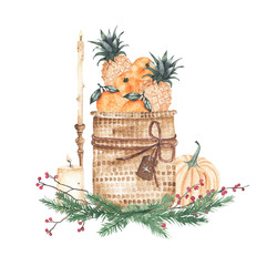 Wall Mural - Watercolor christmas compositions with basket with oranges tangerines pineapple pumpkin candle isolated on white background. Xmas new year cosy winter holiday illustration for greeting card design