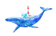 Big blue whale, wave and lighthouse .Seascape.Watercolor hand drawn illustration.Underwater animal art.
